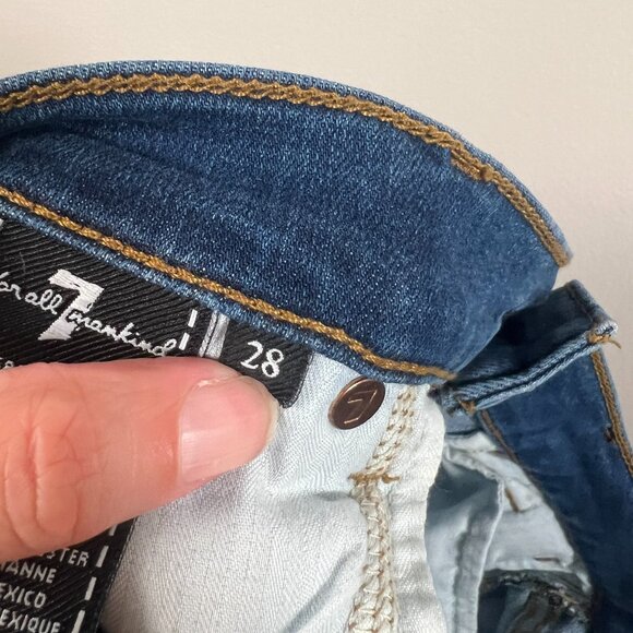 7FAMK Dojo Jeans Size 28 Frayed Hem Flared Retro Blue Denim Embroidered Pockets - Picture 9 of 11